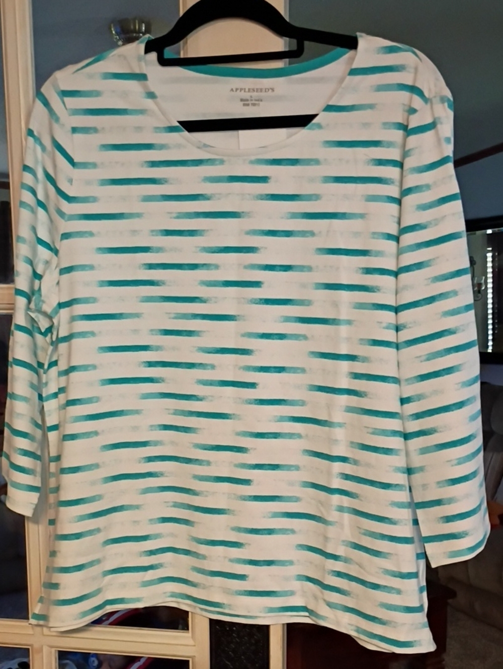 Appleseed's White and Teal Brushstroke Stripe Long Sleeve Tee